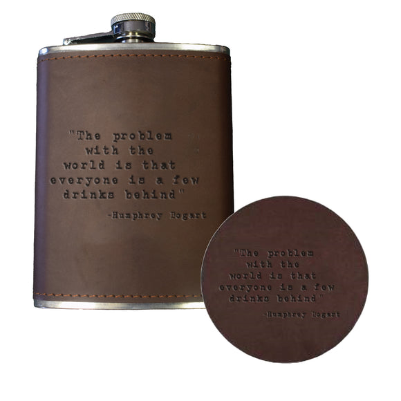 Famous Person's Quotes Leather Flask and Coaster Gift Basket