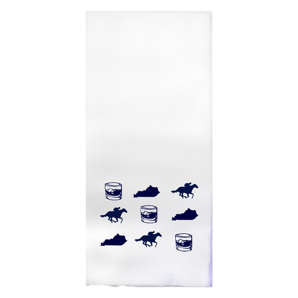 Kentucky Shape, Derby Horses and Bourbon Printed Color Tea Towel