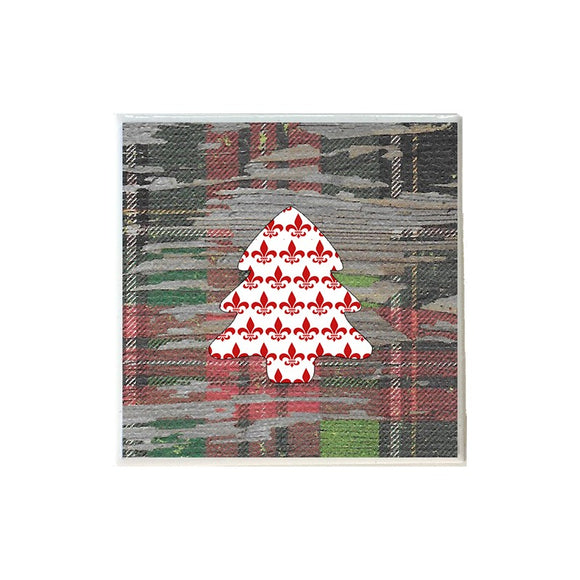 Red White Fleur de Lis Tree Shape on Wood Plaid Coaster