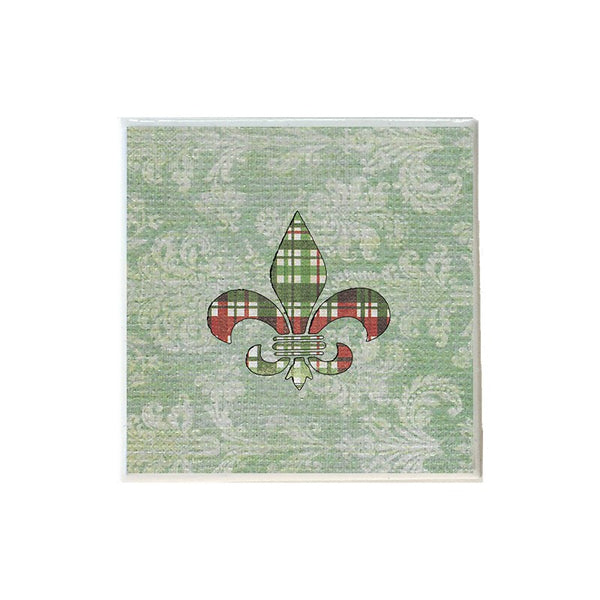 Green Plaid Fleur de Lis Shape on Green Paisley Coaster