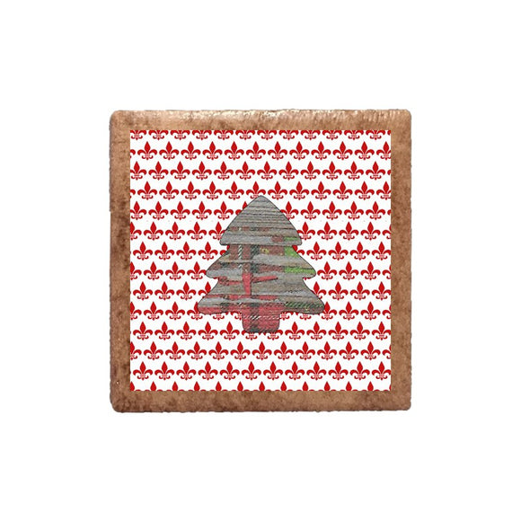 Wood Plaid Tree Shape on Red White Fleur de Lis Magnet