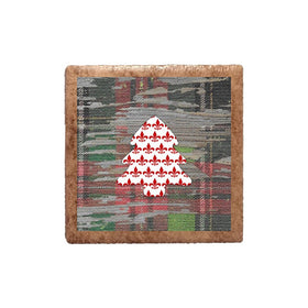 Red White Fleur de Lis Tree Shape on Wood Plaid Magnet