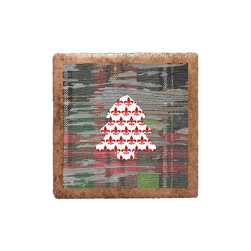 Red White Fleur de Lis Tree Shape on Wood Plaid Magnet