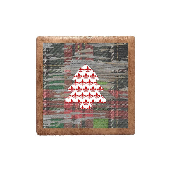Red White Fleur de Lis Tree Shape on Wood Plaid Magnet