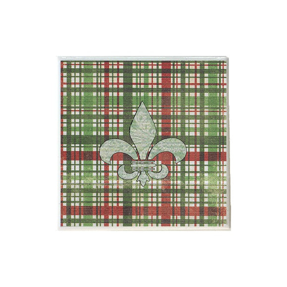 Green Paisley Fleur de Lis Shape on Green Plaid Coaster