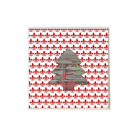 Wood Plaid Tree Shape on Red White Fleur de Lis Coaster