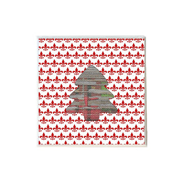 Wood Plaid Tree Shape on Red White Fleur de Lis Coaster