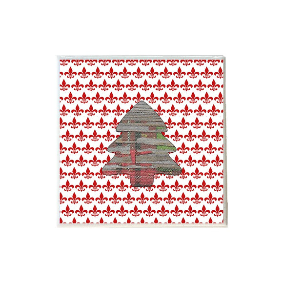 Wood Plaid Tree Shape on Red White Fleur de Lis Coaster