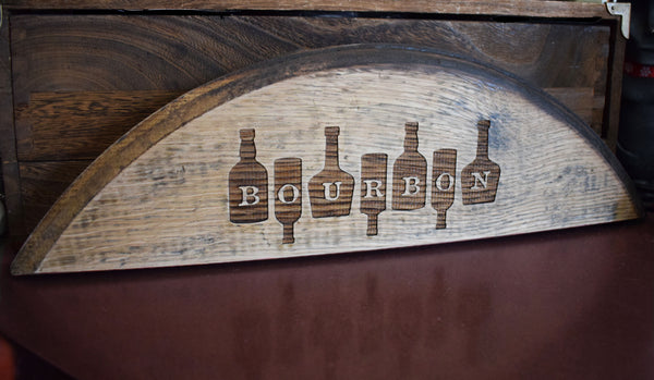Bourbon on Bottles Barrel Head Shelf Sitter Sign