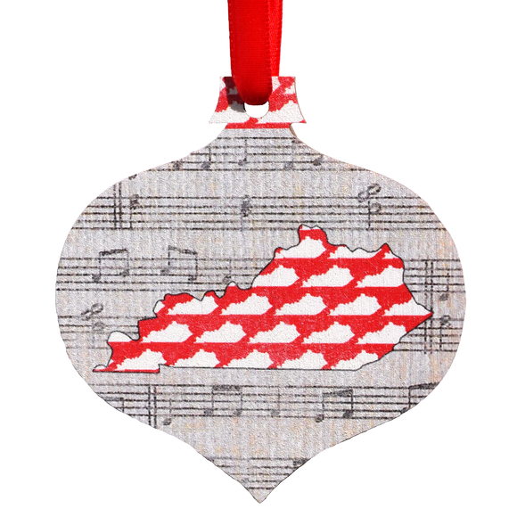 Red Kentucky Shapes with Music Notes Printed Wooden Ornament