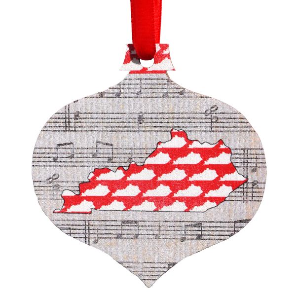 Red Kentucky Shapes with Music Notes Printed Wooden Ornament