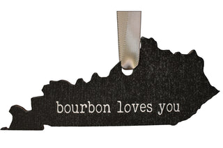 Buy black-shape-with-white-text Kentucky Shaped Bourbon Loves You Wooden Ornament