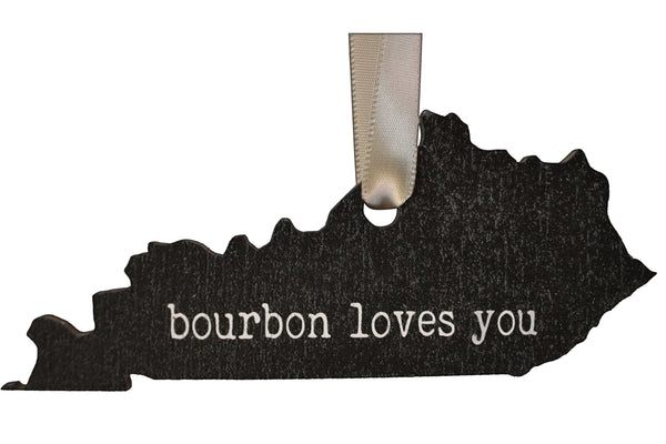 Kentucky Shaped Bourbon Loves You Wooden Ornament