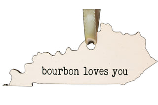 Buy white-shape-with-black-text Kentucky Shaped Bourbon Loves You Wooden Ornament