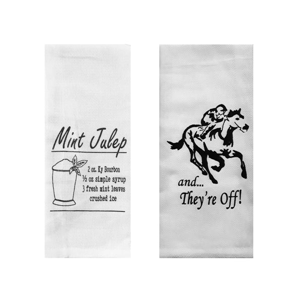 Derby Party Tea Towels Set of 2 - Mint Julep Recipe & And They're Off