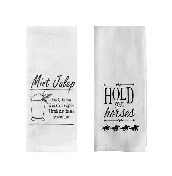 Derby Party Tea Towels Set of 2 - Mint Julep Recipe & Hold Your Horses