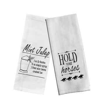 Derby Party Tea Towels Set of 2 - Mint Julep Recipe & Hold Your Horses