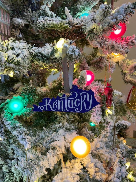 Kentucky Script Blue and White Wooden Ornament