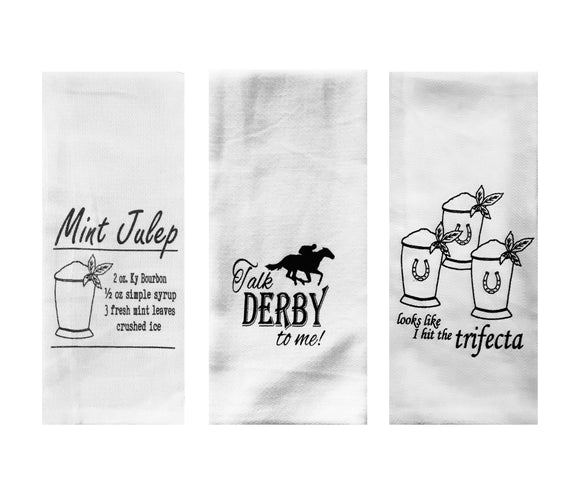 Derby Party Tea Towels Set of 3 - Talk Derby To Me, Mint Julep Recipe, and Looks Like I Hit the Trifecta