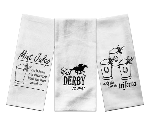 Derby Party Tea Towels Set of 3 - Talk Derby To Me, Mint Julep Recipe, and Looks Like I Hit the Trifecta