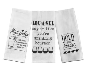 Derby Party Tea Towels Set of 3 - Mint Julep Recipe, Louavul Say It Like You're Drinking Bourbon, and Hold Your Horses