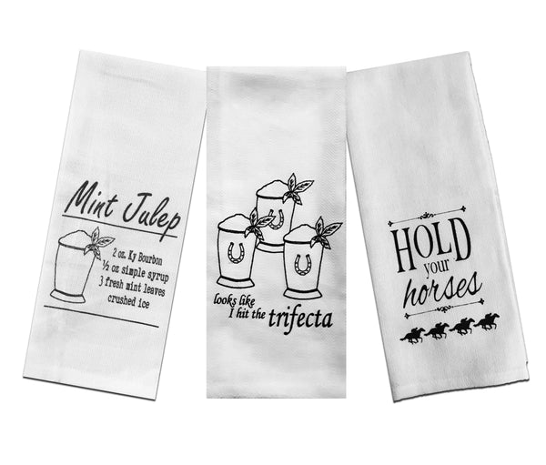 Derby Party Tea Towels Set of 3 - Mint Julep Recipe, Looks Like I Hit the Trifecta, and Hold Your Horses