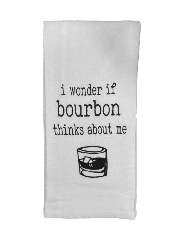 I Wonder If Bourbon Thinks About Me Tea Towel in White