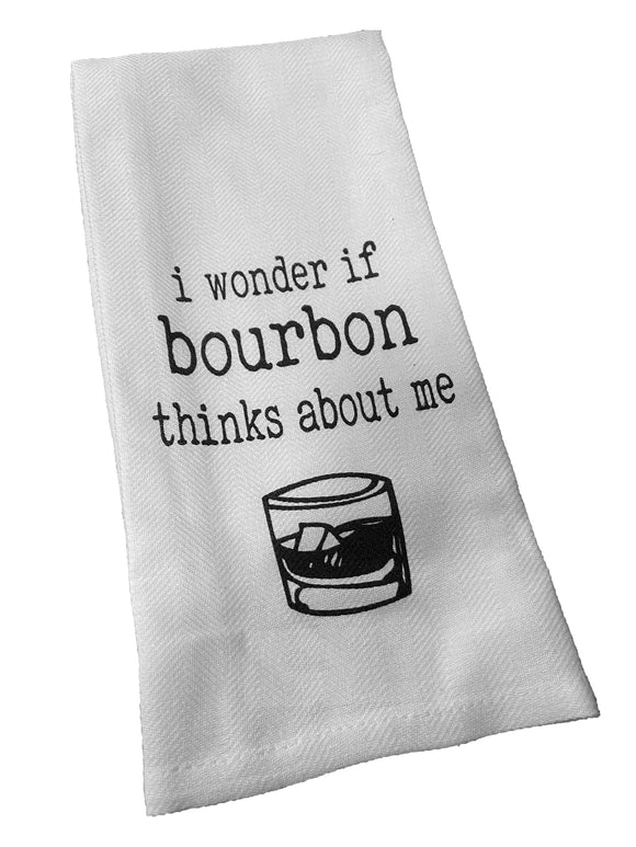I Wonder If Bourbon Thinks About Me Tea Towel in White