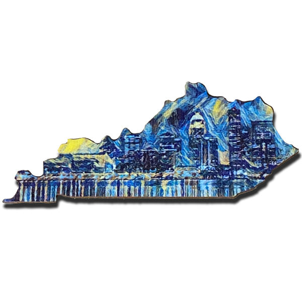 Louisville Starry Night Skyline Kentucky Shaped Wooden Magnet
