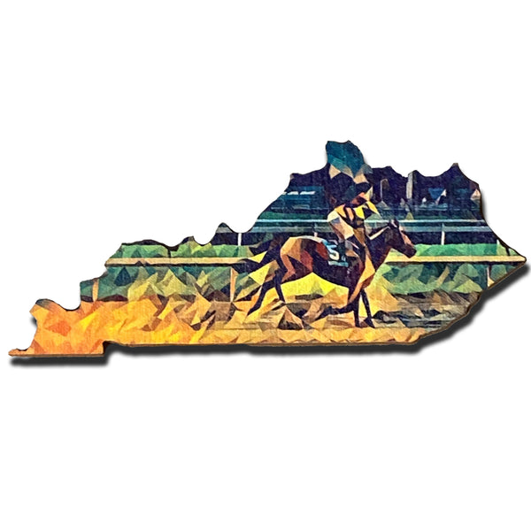 Derby Horse and Jockey Kentucky Shaped Wooden Magnet